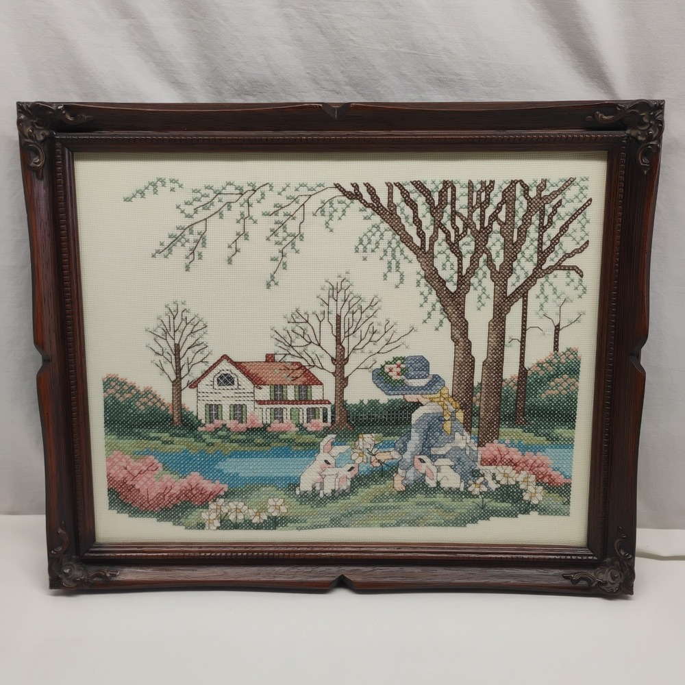 Vintage 1992 Farmhouse Framed Needlepoint Cross-stitch 13x16 Art Rabbits Spring